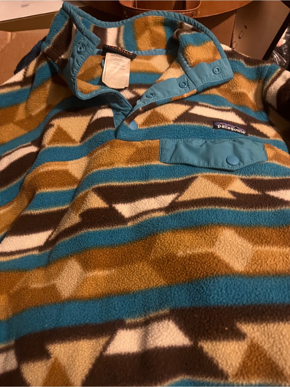 Patagonia womens synchilla Teal, Brown & White Geometric Fleece